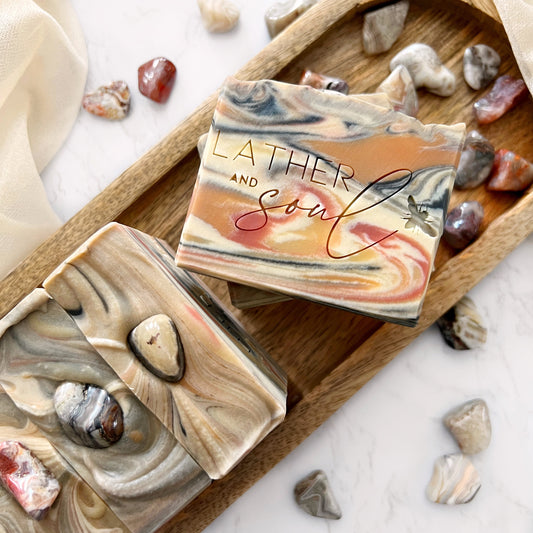 Artisan crystal soaps handmade by Lather + Soul Skincare made with honest ingredients that are good for your skin.