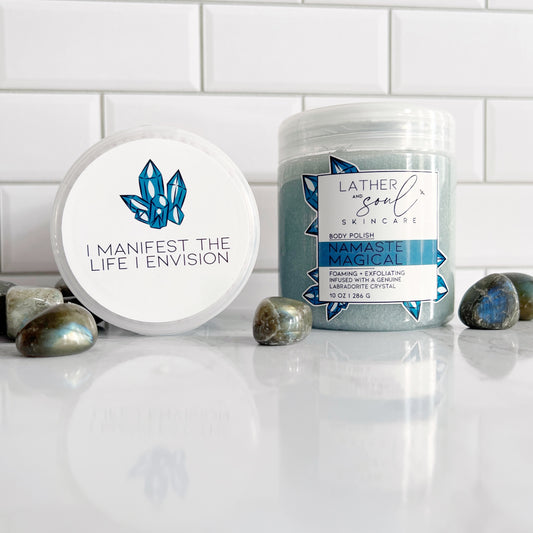 Lather + Soul's crystal infused foaming body polish for the softest skin.