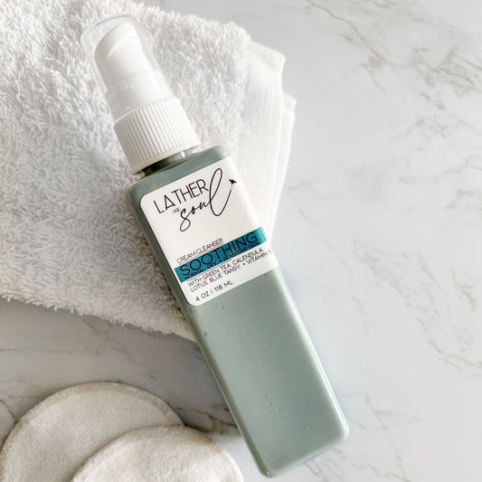 Gentle cream cleanser, “Soothing,” from Lather and Soul Skincare. Perfect for normal to dry to sensitive skin.