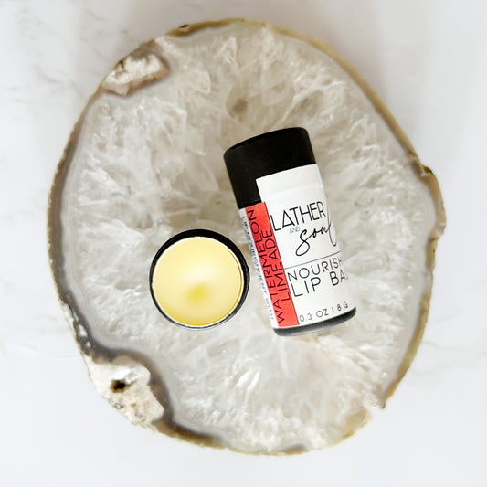 Organic lip balm by Lather + Soul, in watermelon limeade flavor.