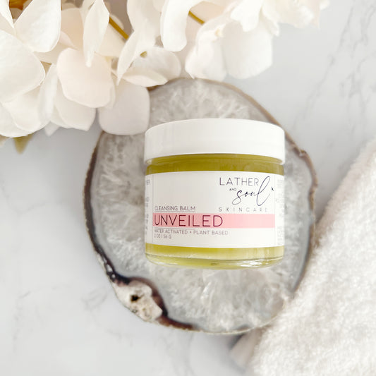 "Unveiled" cleansing balm to remove makeup and grime after a long day, by Lather and Soul Skincare