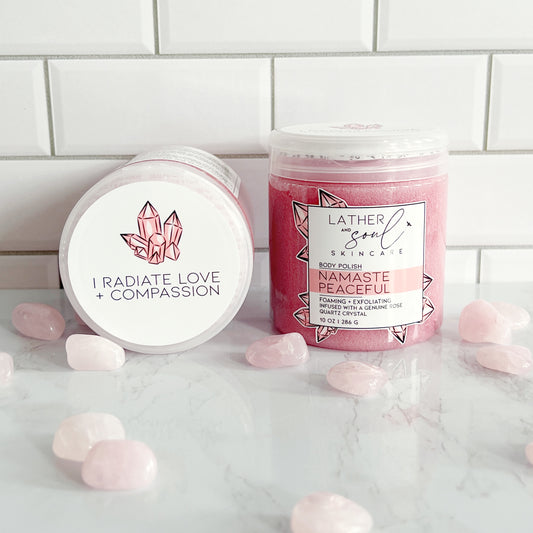 the best body scrub for your skin, with genuine rose quartz inside