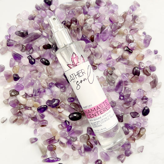 Lather Soul perfume bottle with real amethyst crystals