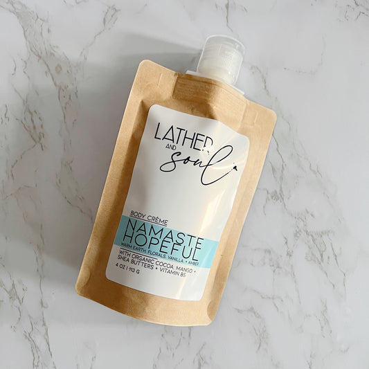 Luxurious body crème packaged in eco friendly kraft pouch.