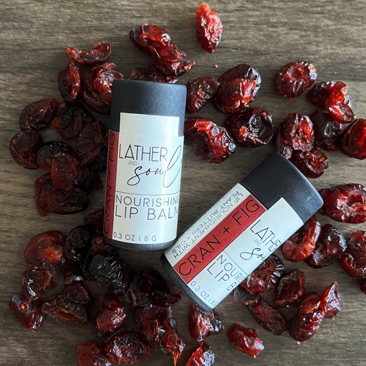 Cran + Fig organic lip balm by Lather and Soul, in an eco friendly paperboard tube