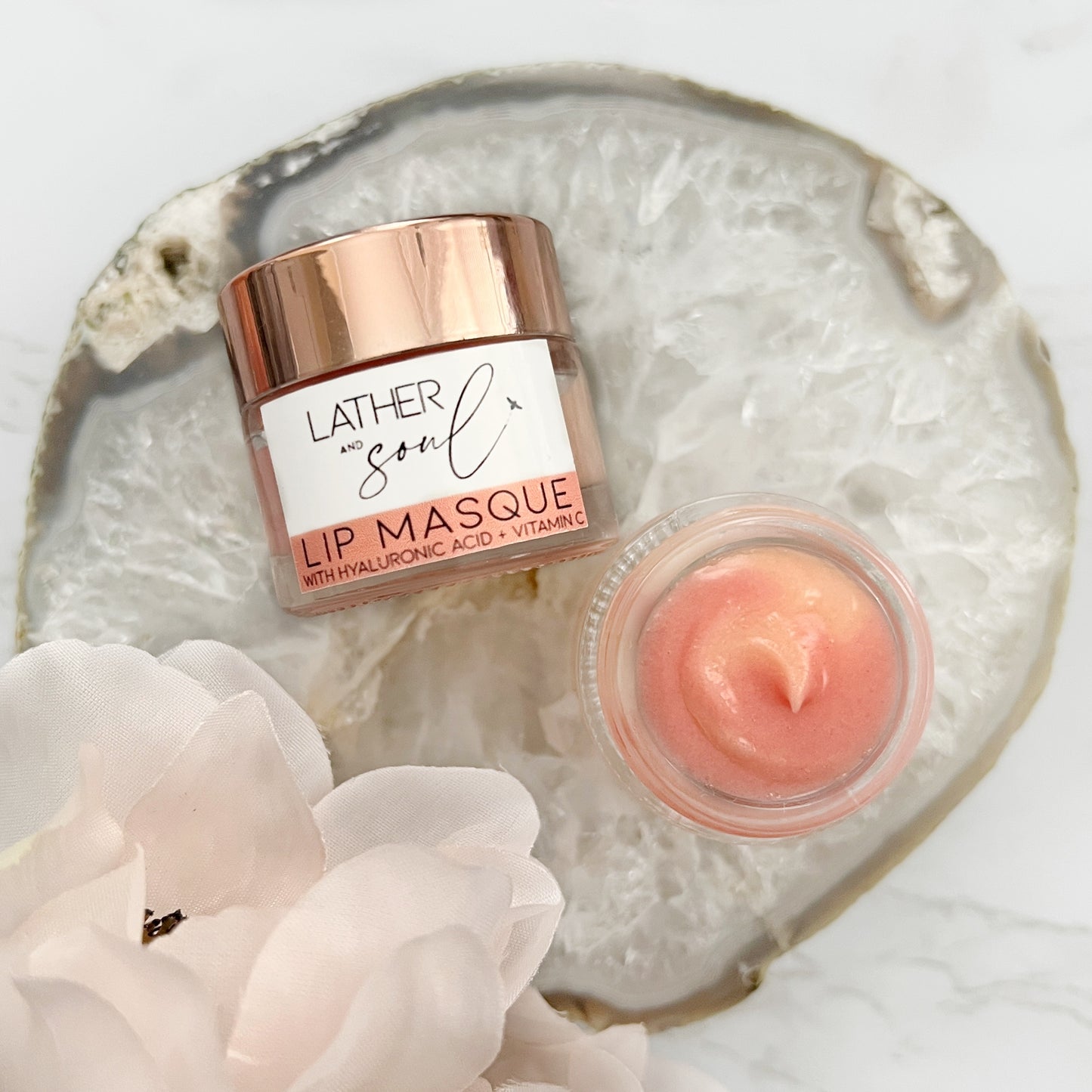 Captivating from Every Angle: A stunning, alternative view of our Hydrating Lip Masque jars showcases their elegant design and rich texture from a different perspective.