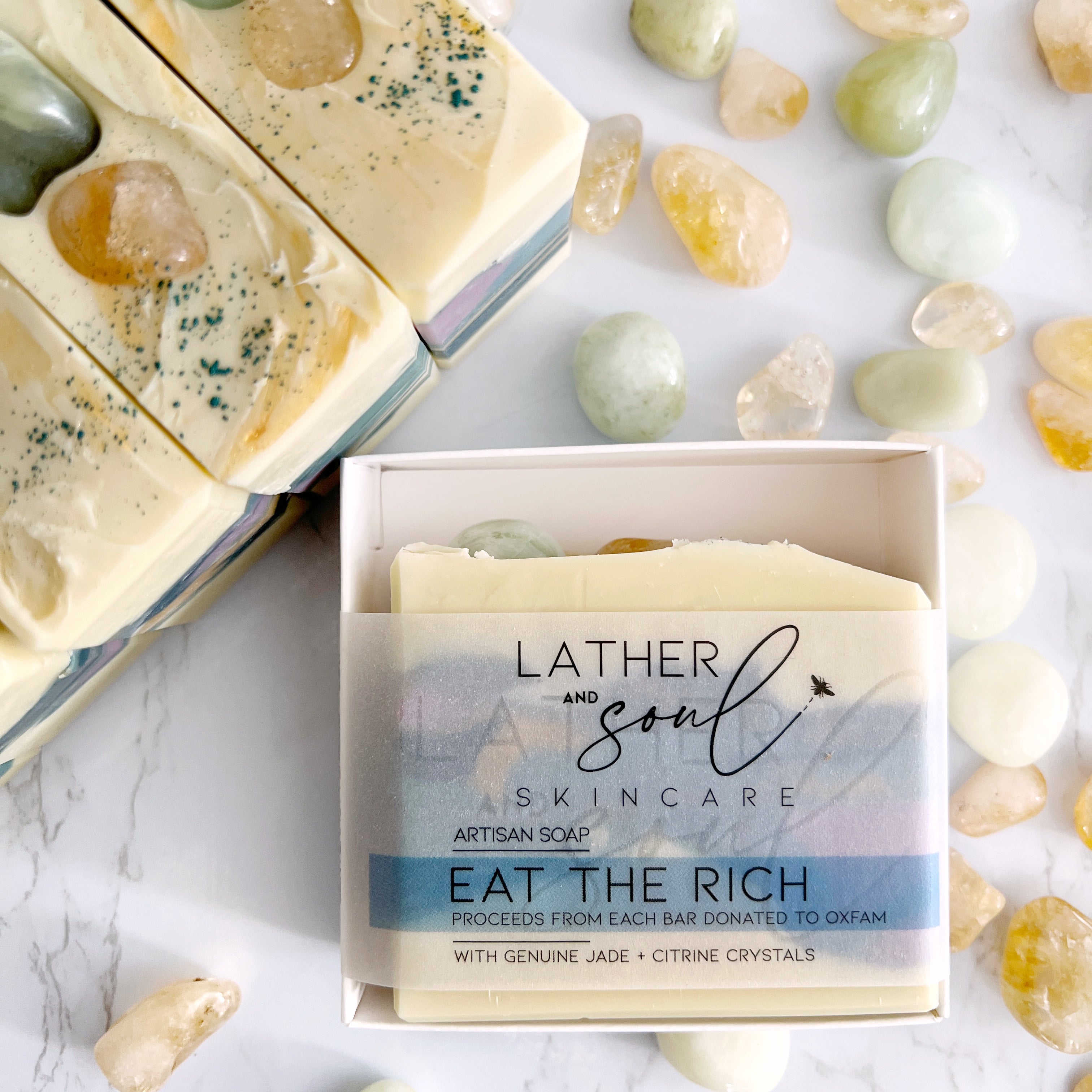 "Eat the Rich" crystal soaps because no one needs a billion dollars while other struggle for life's basic needs