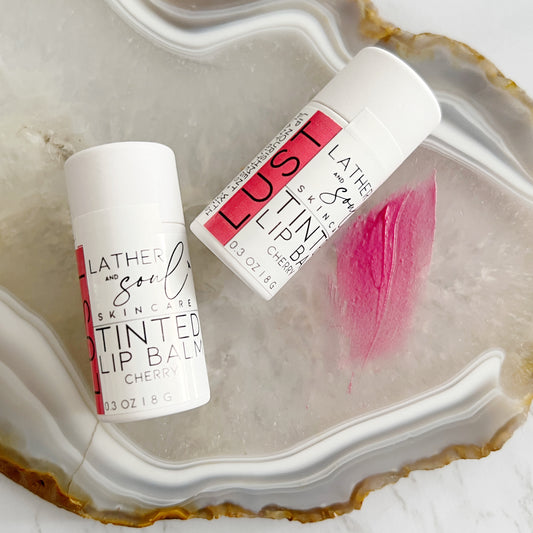 The perfect seductive pink with Lather and Soul's tinted balm in "Lust."