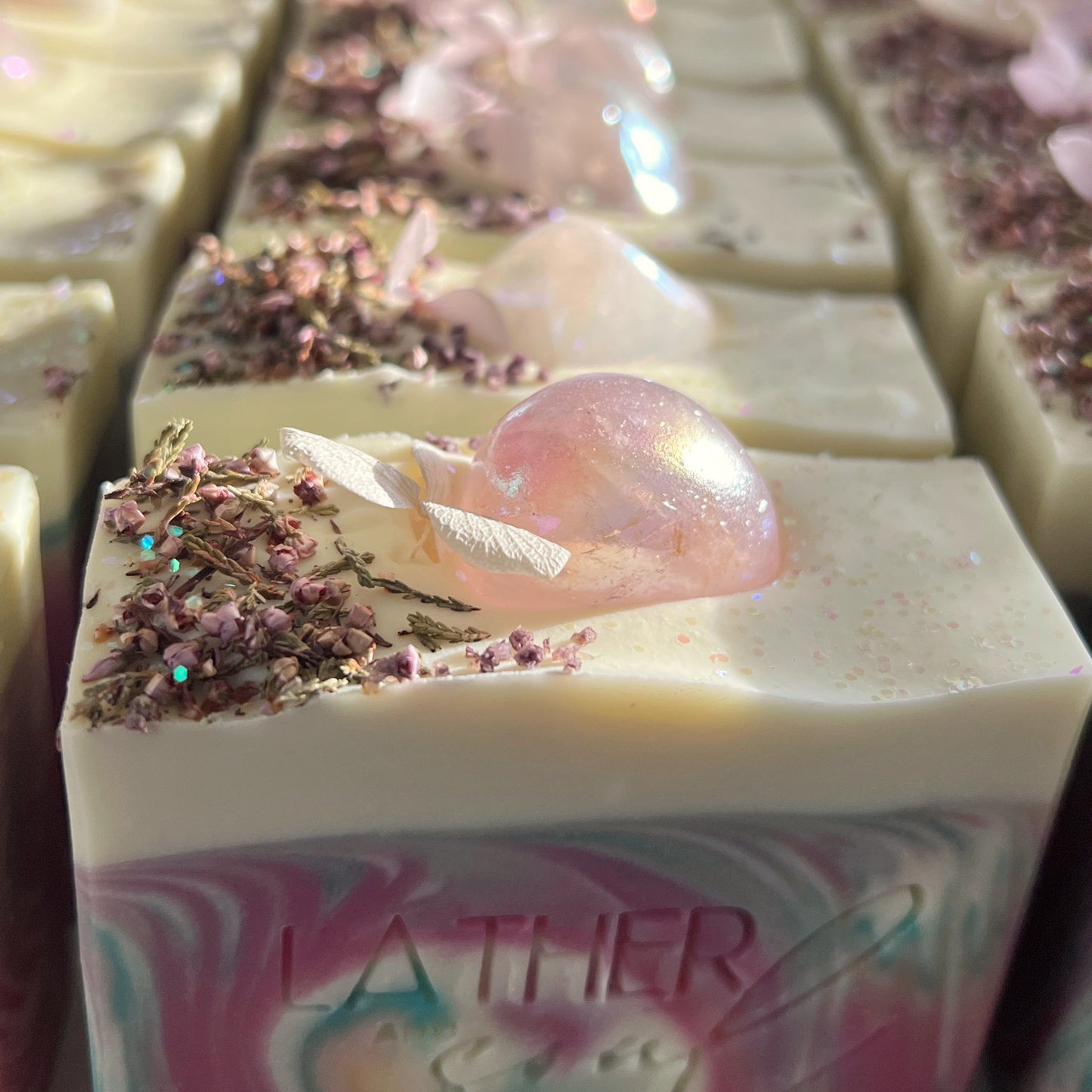 Crystal and botanical soap with angel aura rose quartz