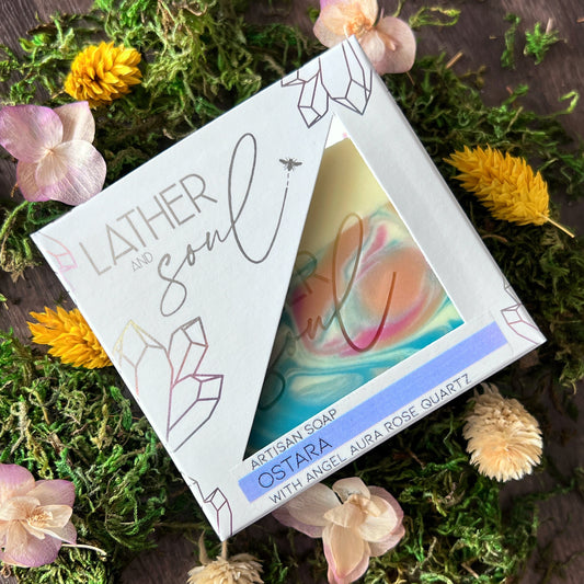 Celebrate Ostara and the spring equinox with Lather and Soul's crystal soap with angel aura rose quartz