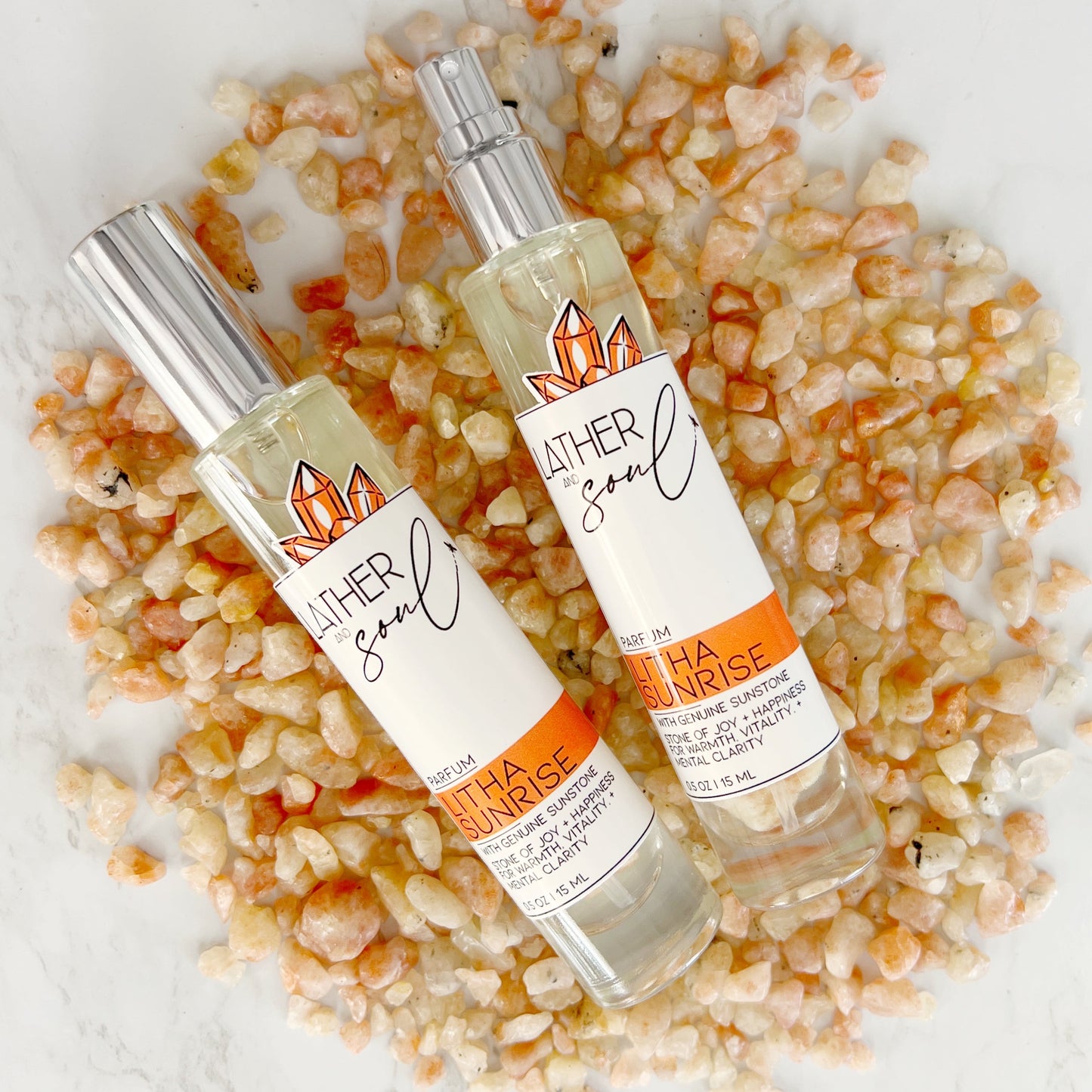 "Litha Sunrise" fine fragrance from Lather and Soul, with genuine sunstone crystals