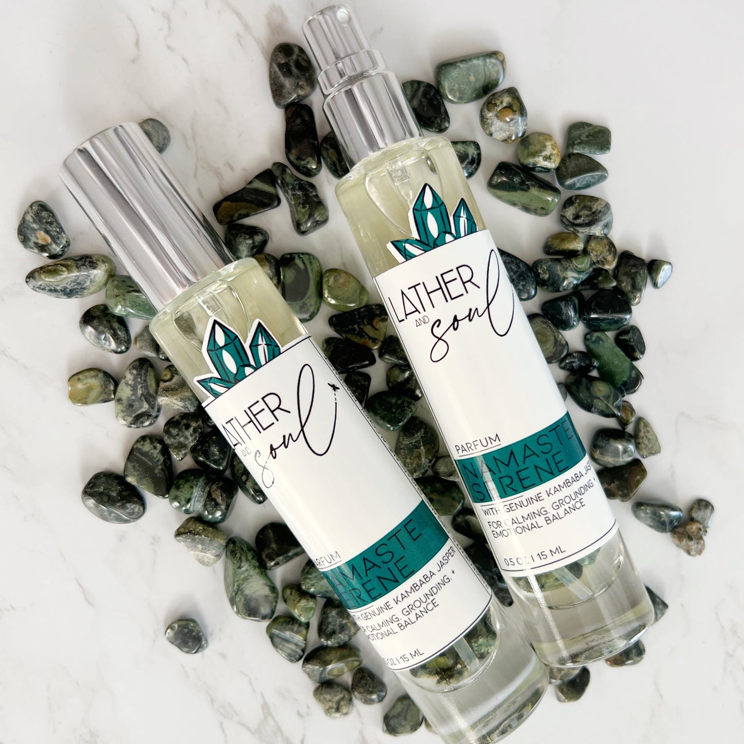 "Namaste Serene" fine fragrance from Lather and Soul, infused with kambaba jasper
