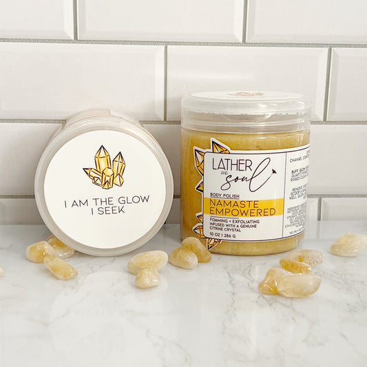 Citrine infused body scrub for smooth, glowing skin, and with a matching mantra
