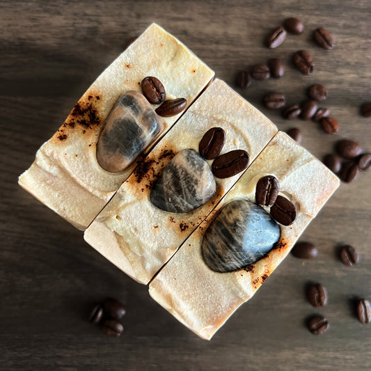 Lather and Soul's newest crystal soap with black moonstone and scented in a delicious coffee shop inspired fragrance