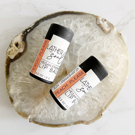 "Peach Please" vegan lip balm and eco-friendly paperboard tube