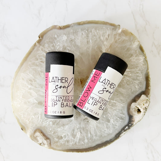 Vegan tinted lip balm, "Blow Me" in a delicious bubble gum flavor