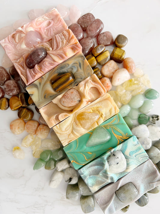 array of handmade crystal bar soaps from Lather and Soul Skincare