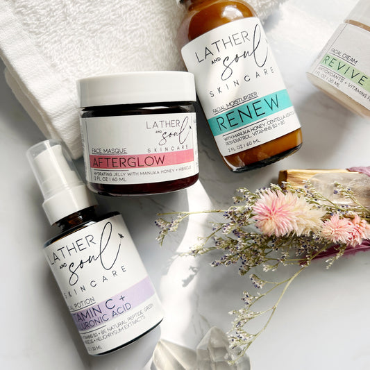 A collection of Lather and Soul's skincare line