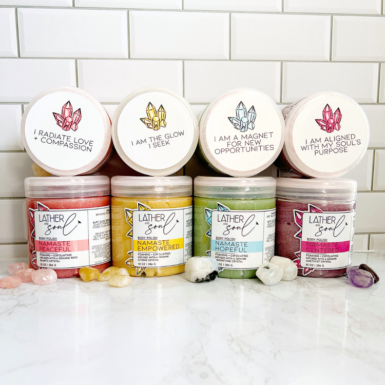 Lather & Soul Body Polish Collection, all infused with a real crystal