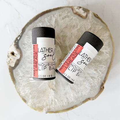 Organic lip balm by Lather + Soul, in watermelon limeade flavor, and eco friendly paperboard tube