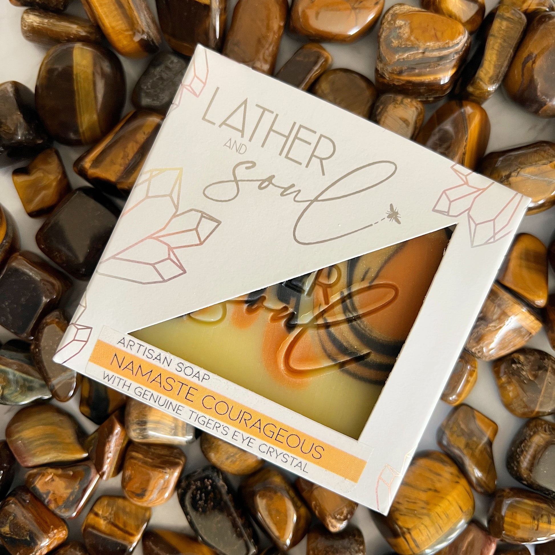 Lather and Soul’s crystal soaps with genuine tigers eye 