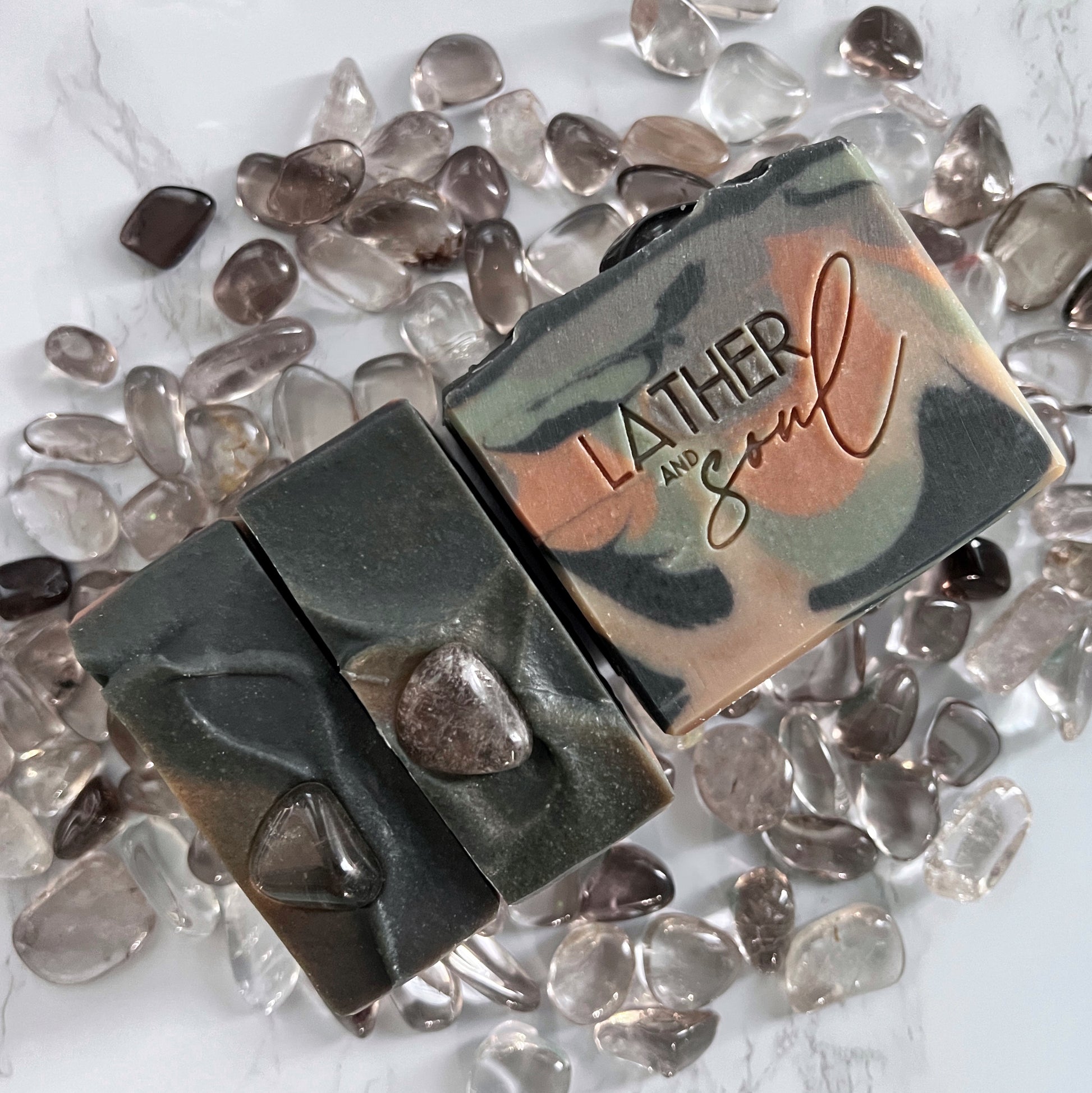 Smoky quartz crystal soaps made by Lather and Soul Skincare