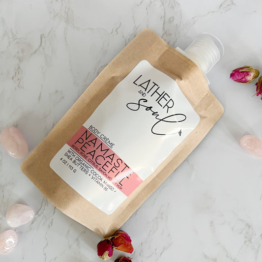 Lather and Soul body crème in Namaste Peaceful scent, packaged in eco friendly kraft pouch.