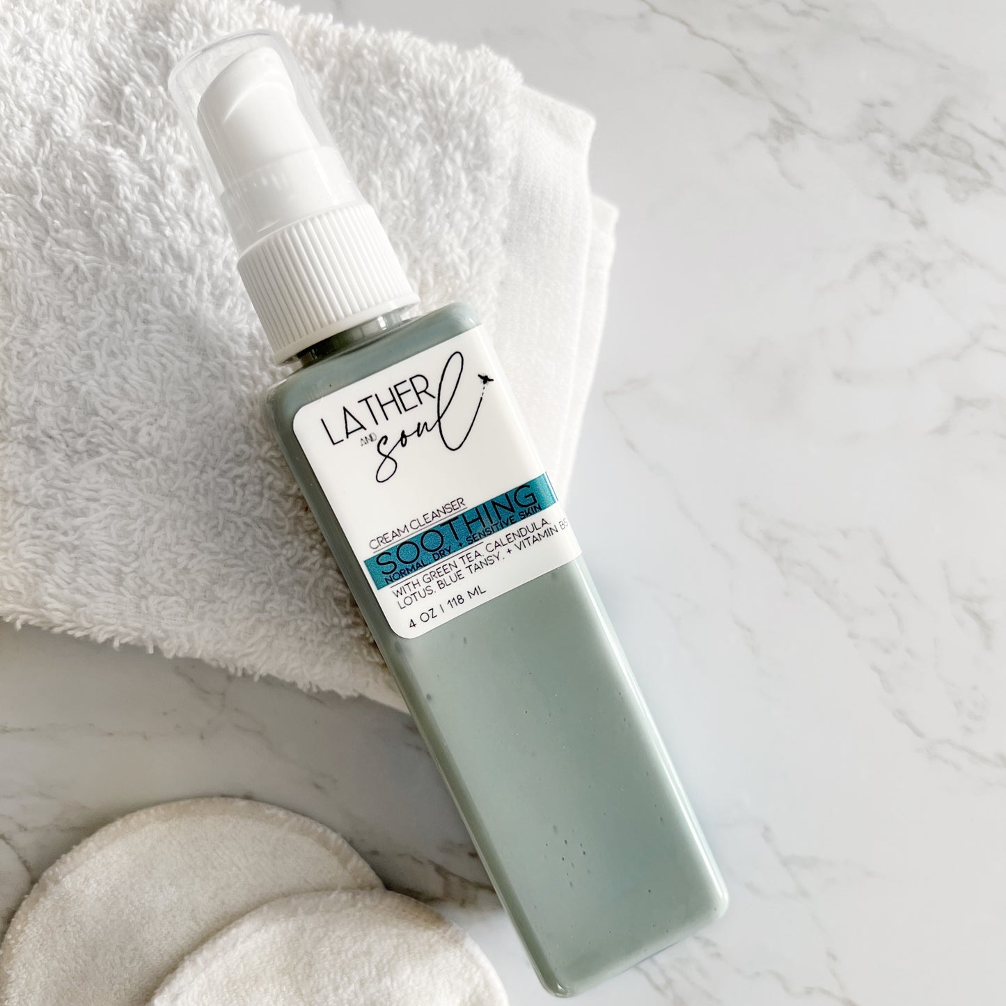 Gentle cream cleanser, “Soothing,” from Lather and Soul Skincare. Perfect for normal to dry to sensitive skin.