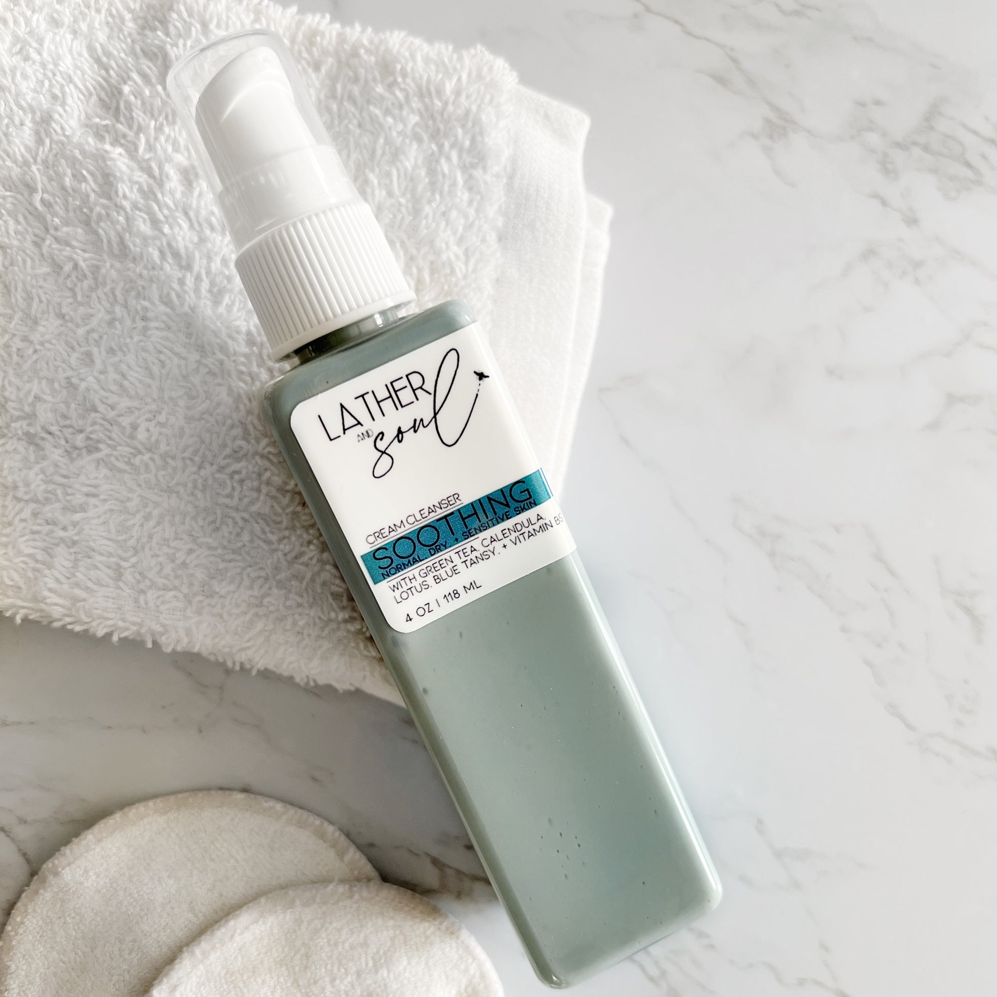 Gentle cream cleanser, “Soothing,” from Lather and Soul Skincare. Perfect for normal to dry to sensitive skin.
