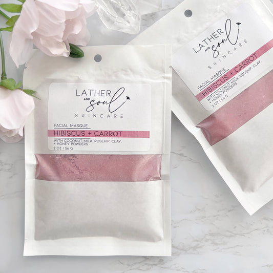 Natural Powder Facial Masque with Hibiscus + Carrot from Lather + Soul.