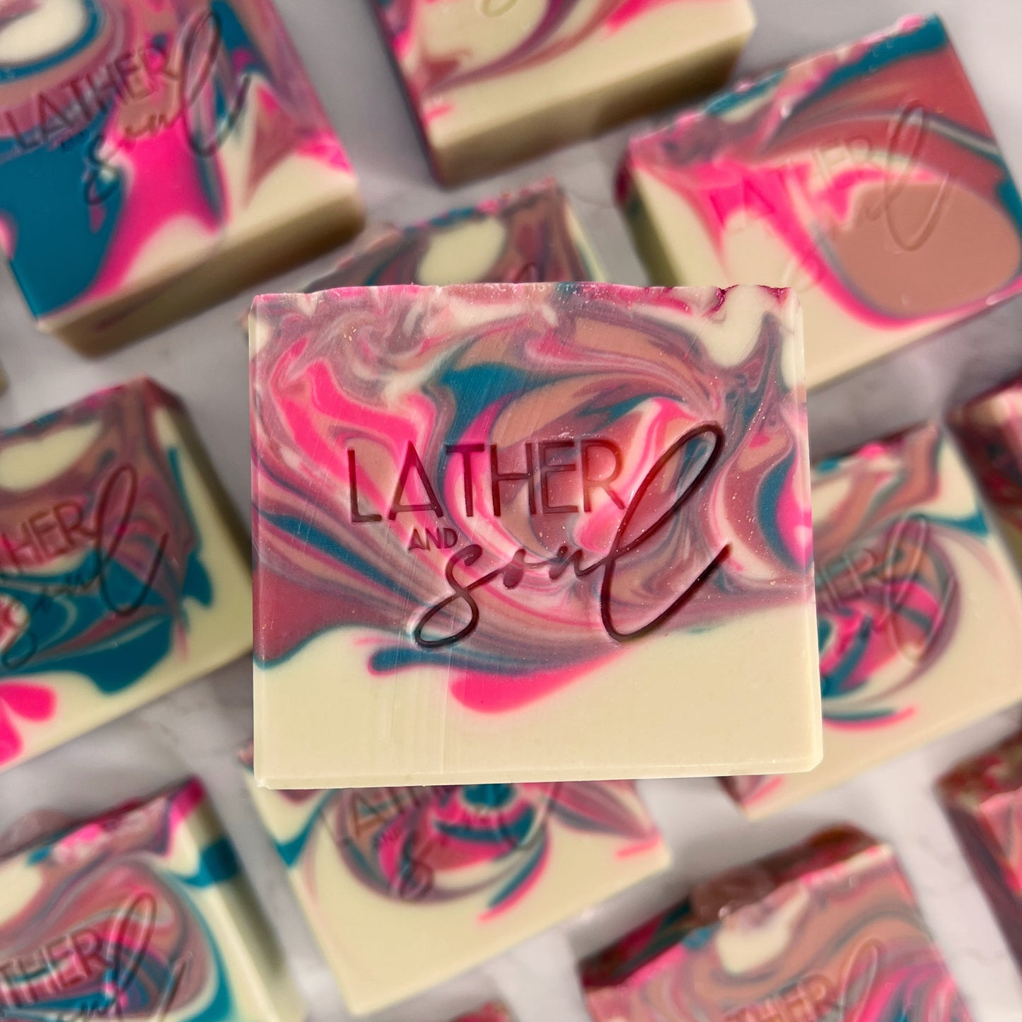 Best selling crystal soap from Lather and Soul, with rose quartz crystals