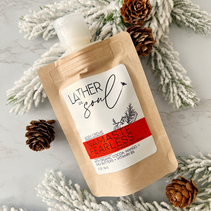 "Namaste Fearless" body crème in travel sized and eco friendly kraft pouch