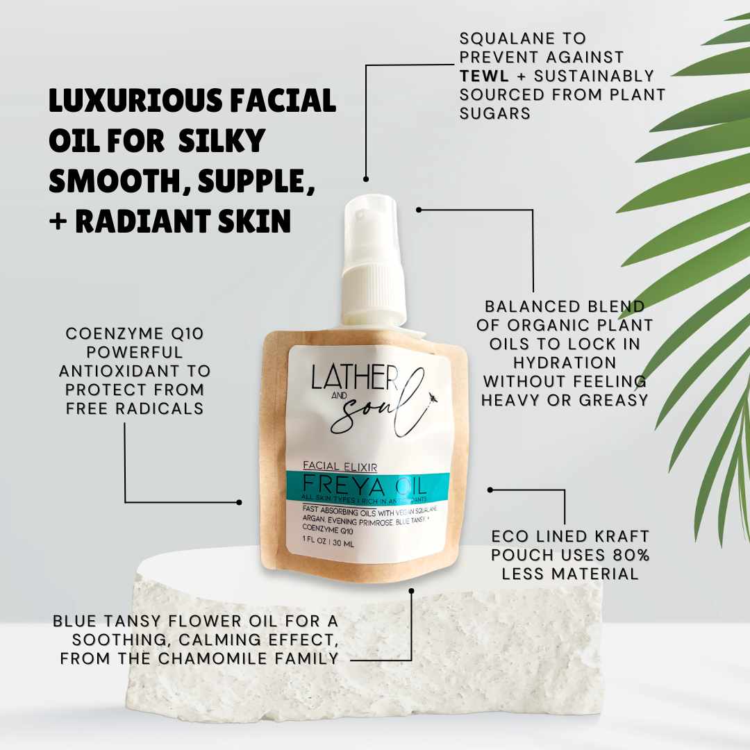 Facial oil with text detailing its benefits