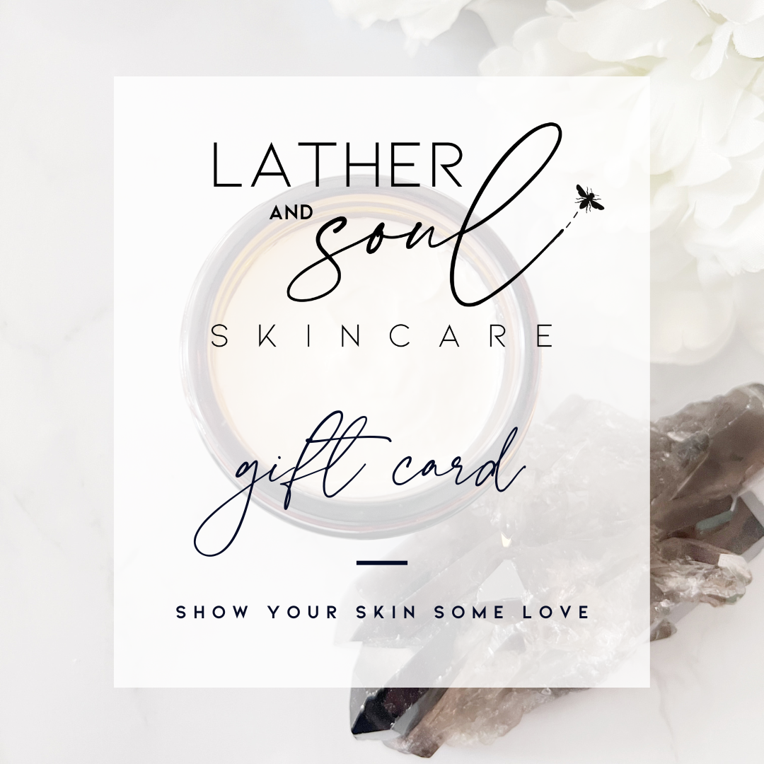 White background with gift set sitting on the table with the words Lather and Soul Skincare Gift Cards For Ethical And Honest Skincare Products - Gift cards.