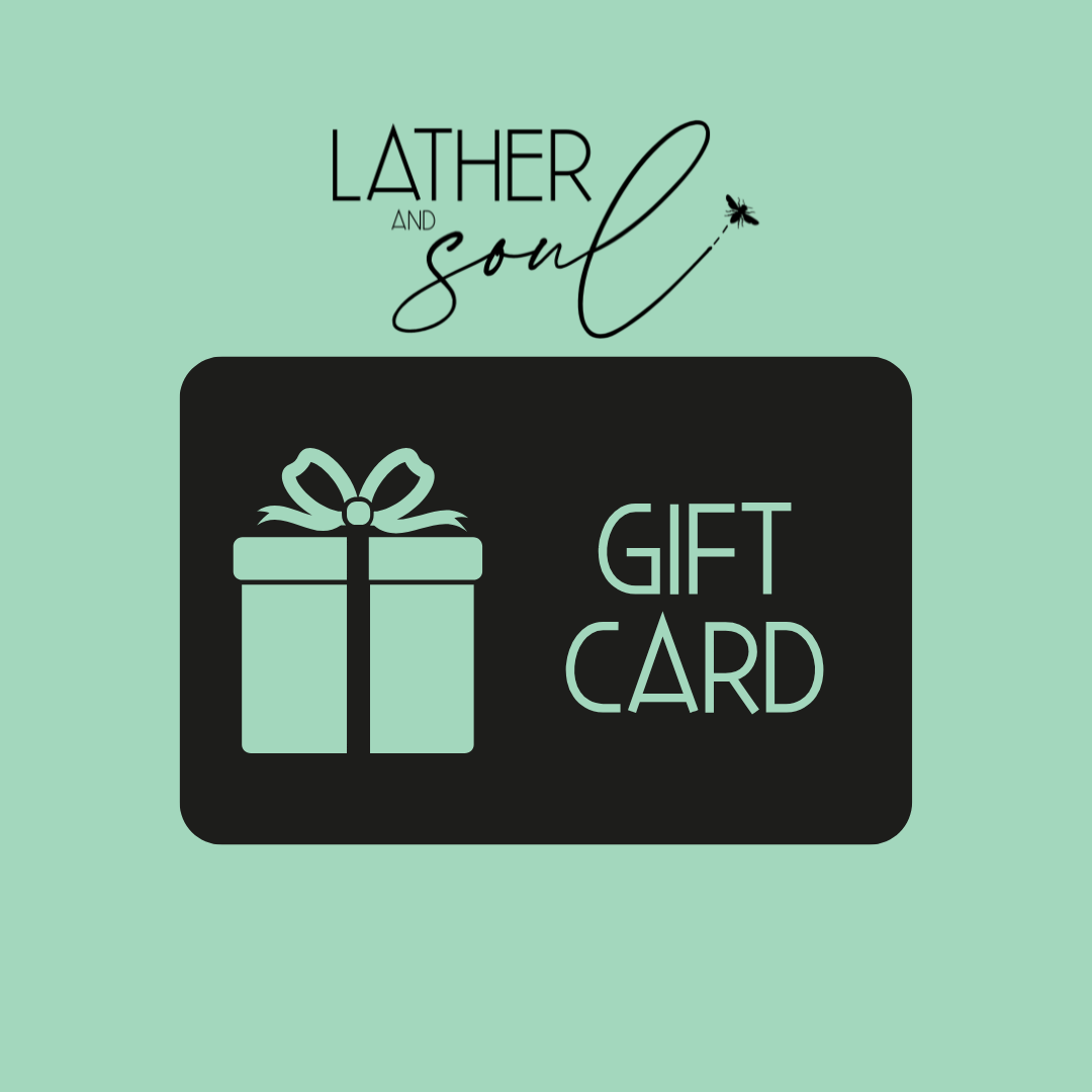 Gift card with 'Lather and Soul' branding on a light green background