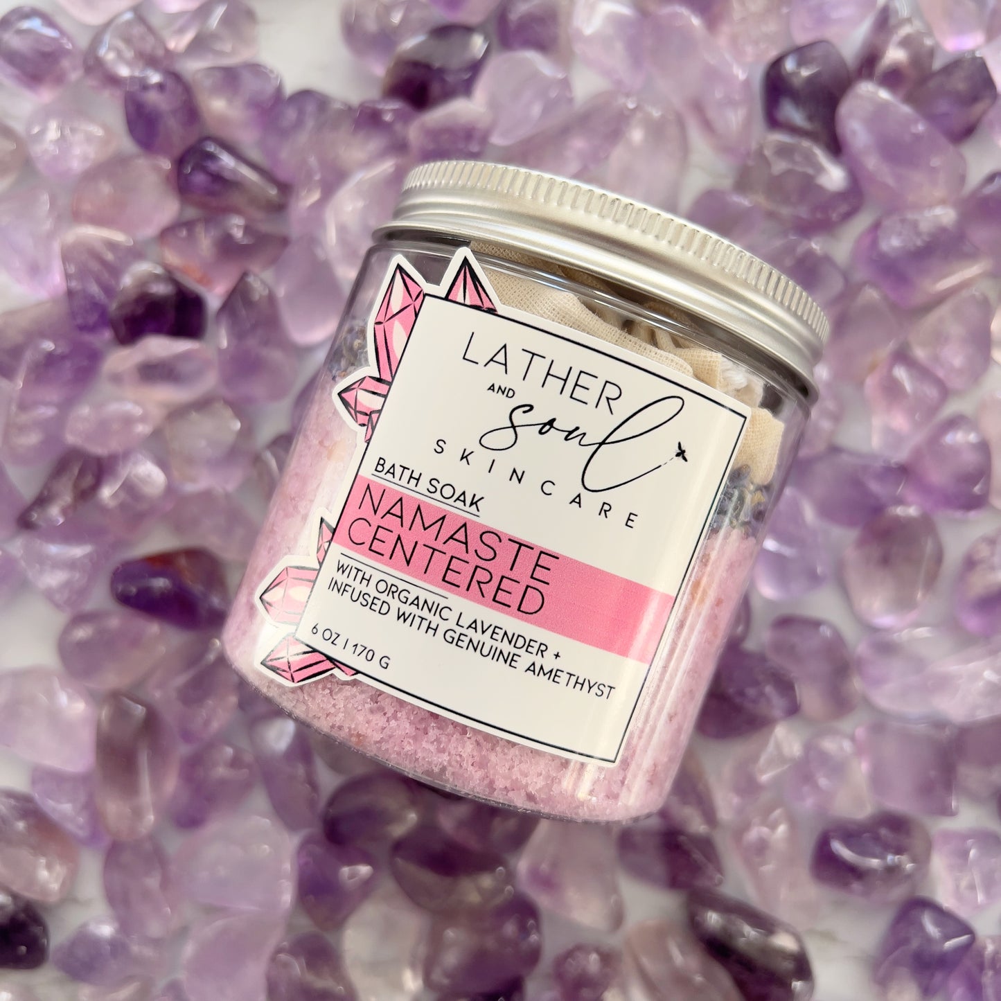 Bath salts with amethyst crystals and lavender by Lather + Soul