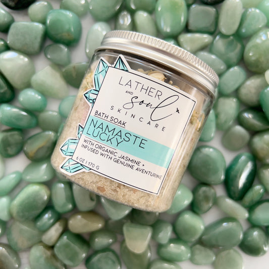 Namaste Lucky herbal bath soak with aventurine crystals