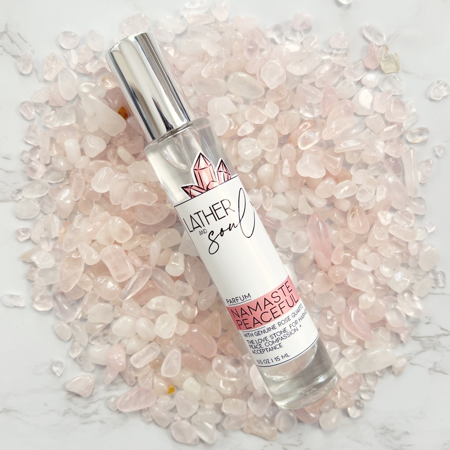 'Namaste Peaceful' rose quartz infused perfume from Lather & Soul