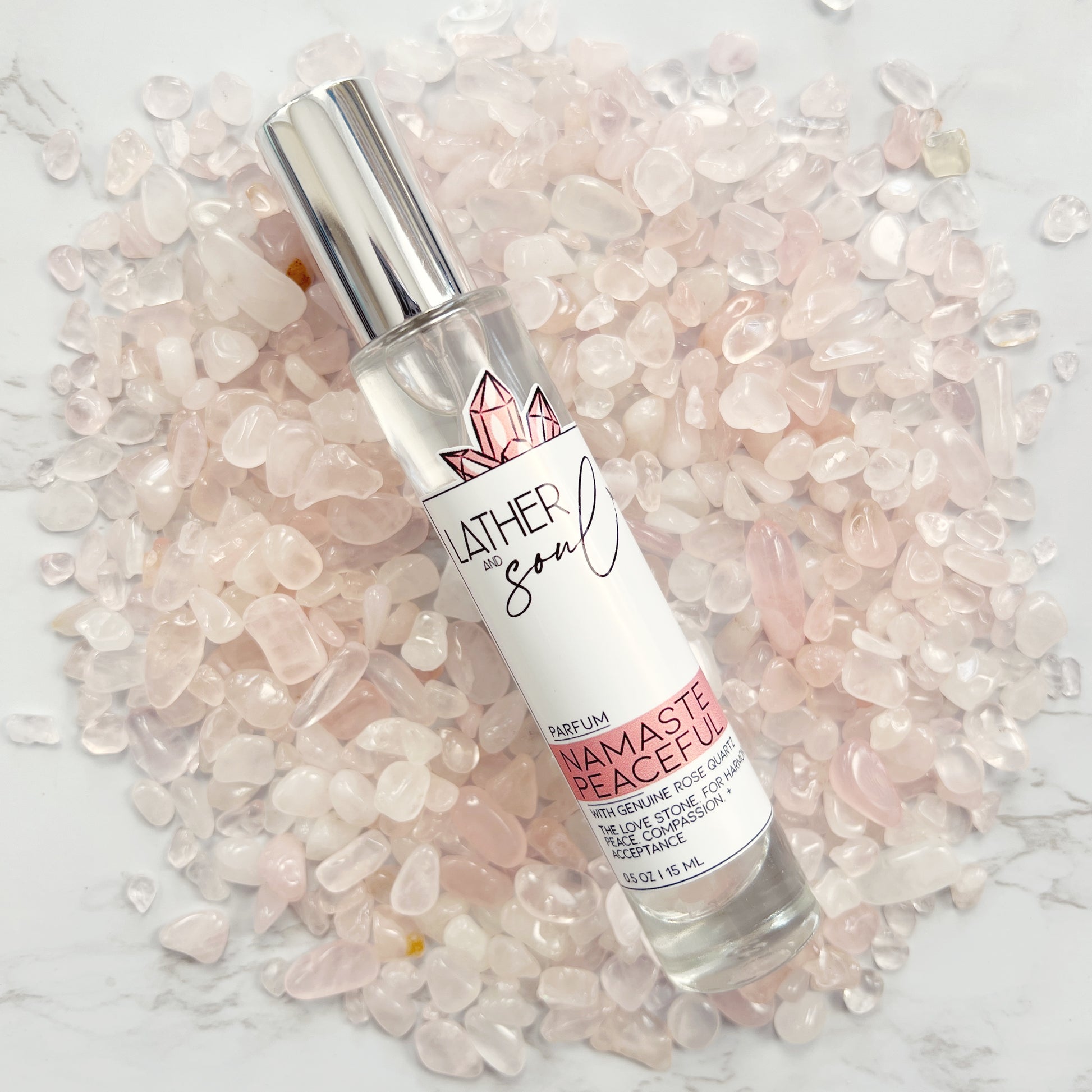 'Namaste Peaceful' rose quartz infused perfume from Lather & Soul
