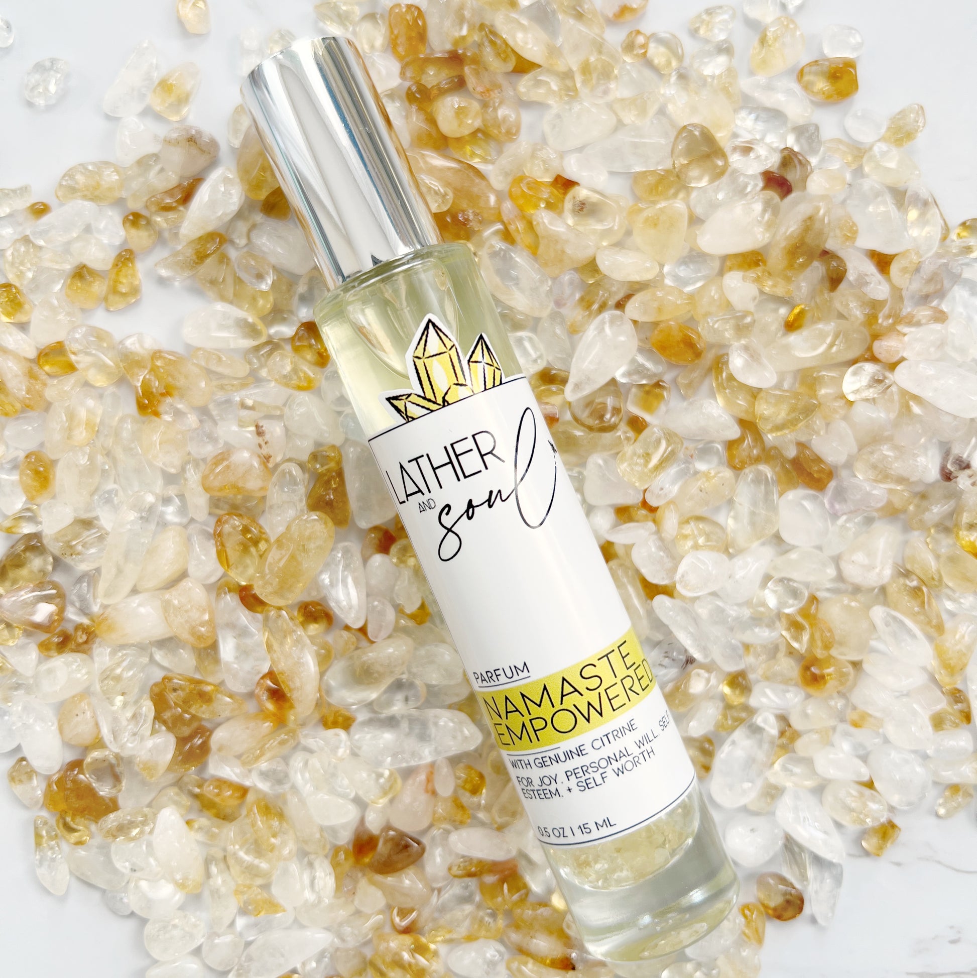 Crystal infused parfum from Lather and Soul with genuine citrine crystals