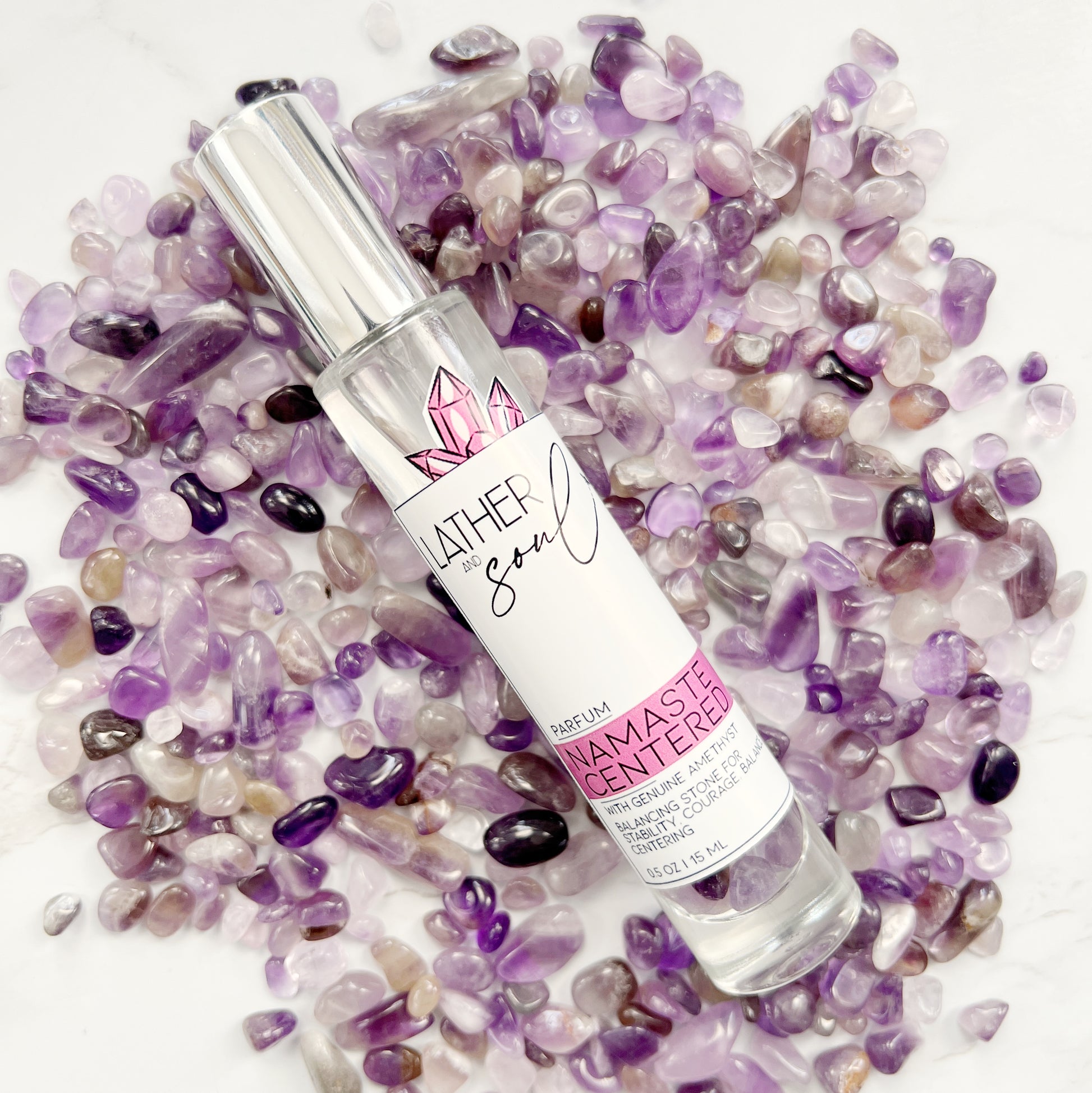 Fine fragrance with amethyst crystals made by Lather & Soul