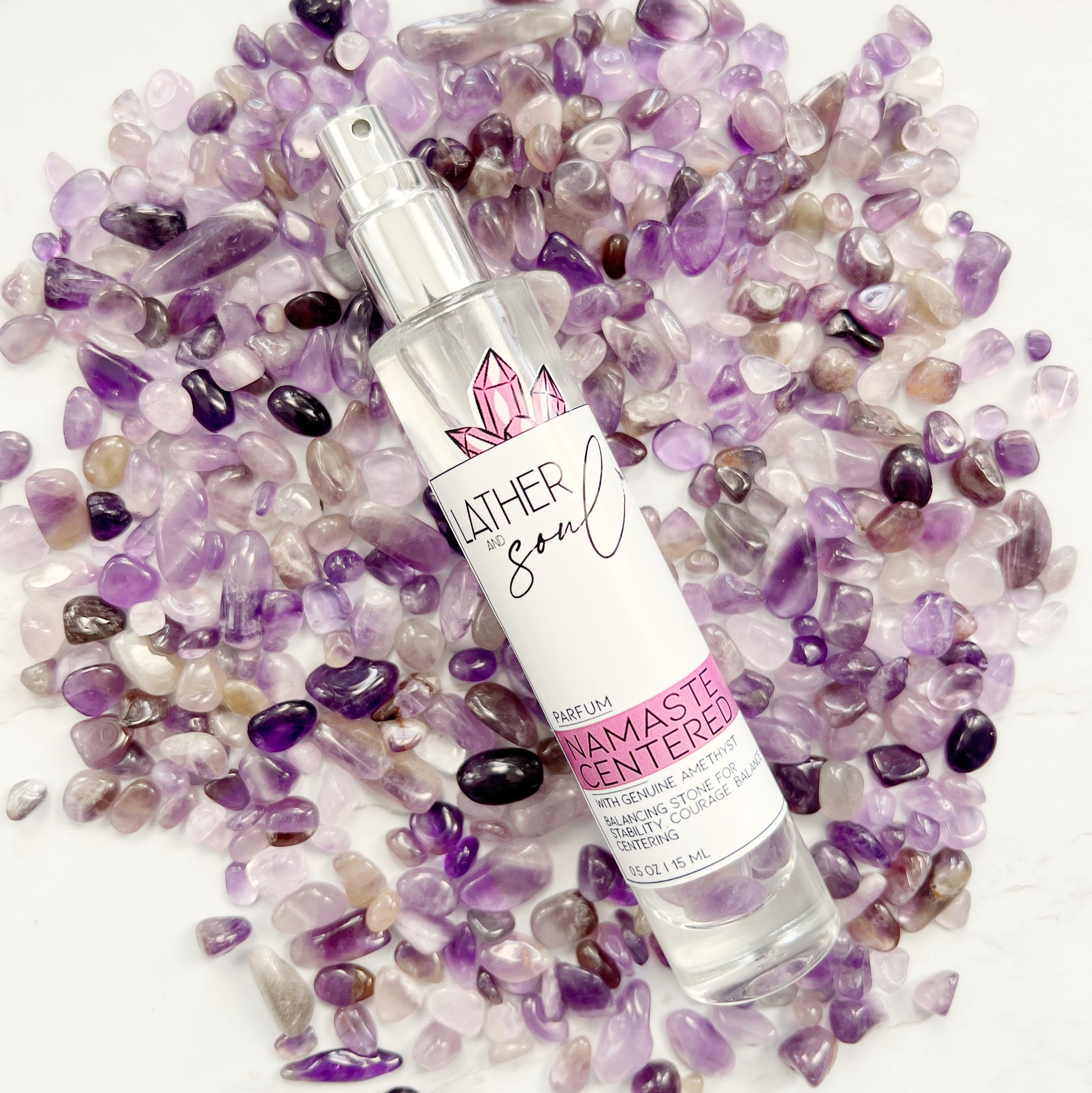 Lather Soul perfume bottle with real amethyst crystals