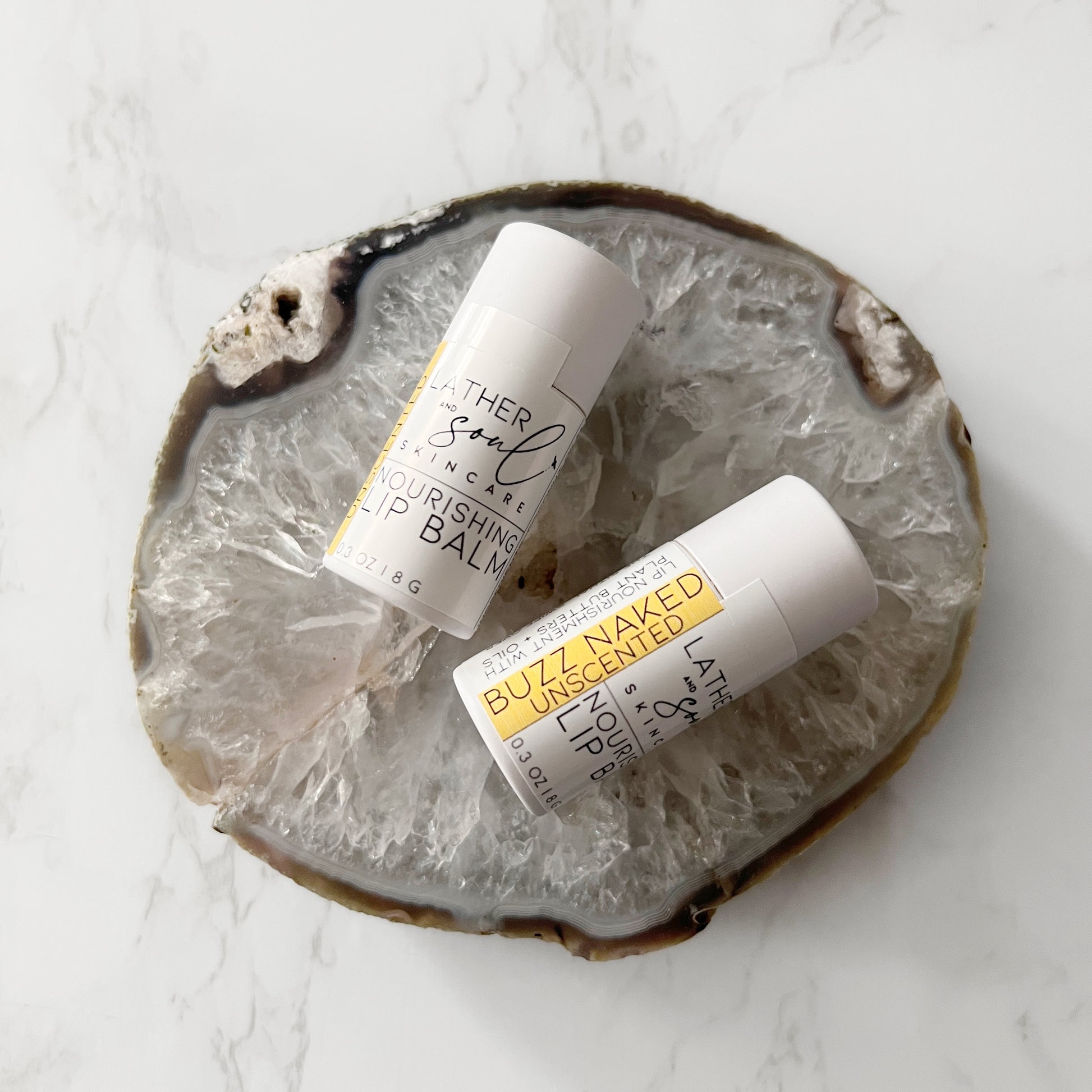 Unscented organic lip balm from Lather + Soul.