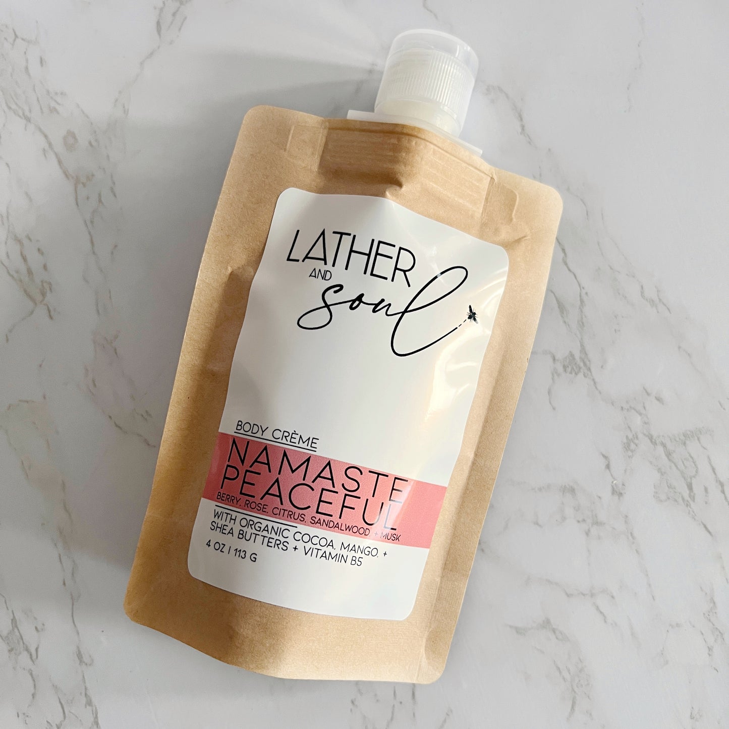 Luxurious body crème from Lather and Soul, now in earth conscious kraft pouch.