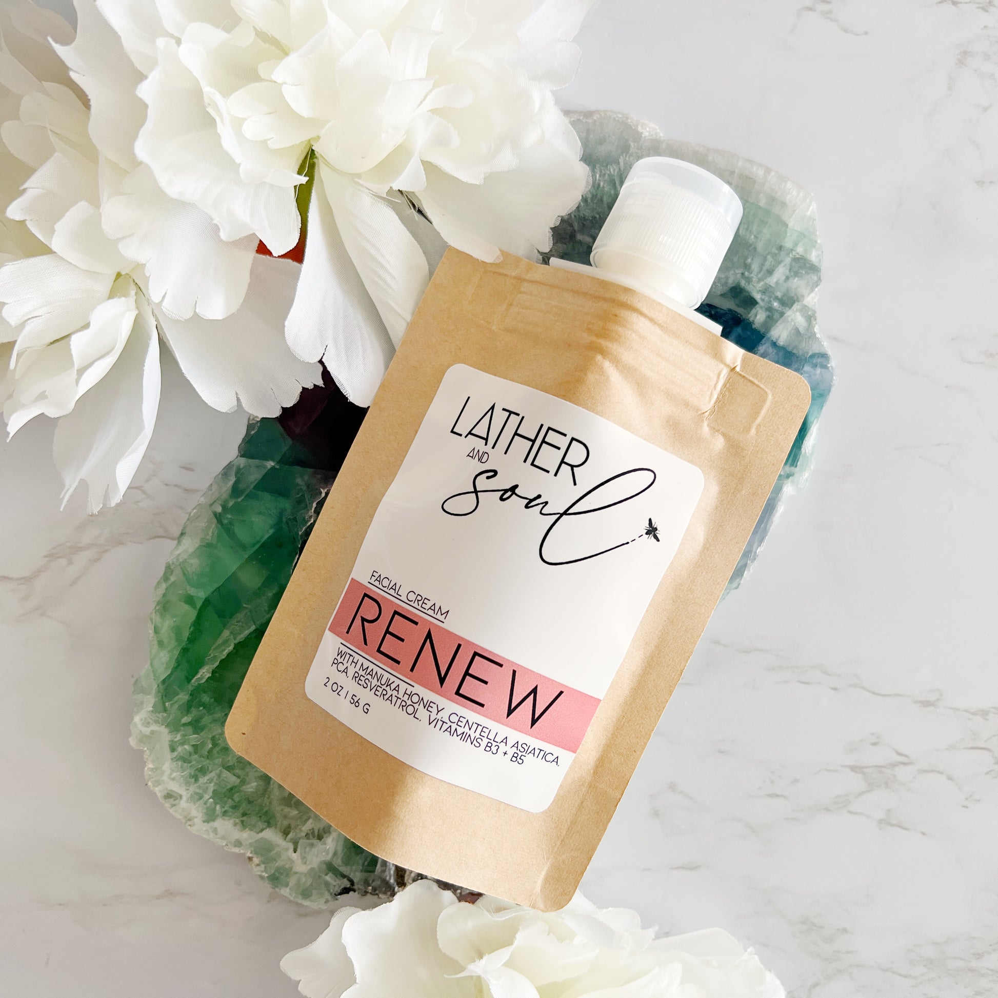 "Renew" Facial moisturizer from Lather and Soul with Manuka honey and botanical extracts to soothe and hydrate the skin.