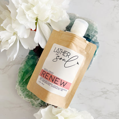 "Renew" Facial moisturizer from Lather and Soul with Manuka honey and botanical extracts to soothe and hydrate the skin.