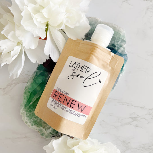 "Renew" Facial moisturizer from Lather and Soul with Manuka honey and botanical extracts to soothe and hydrate the skin.