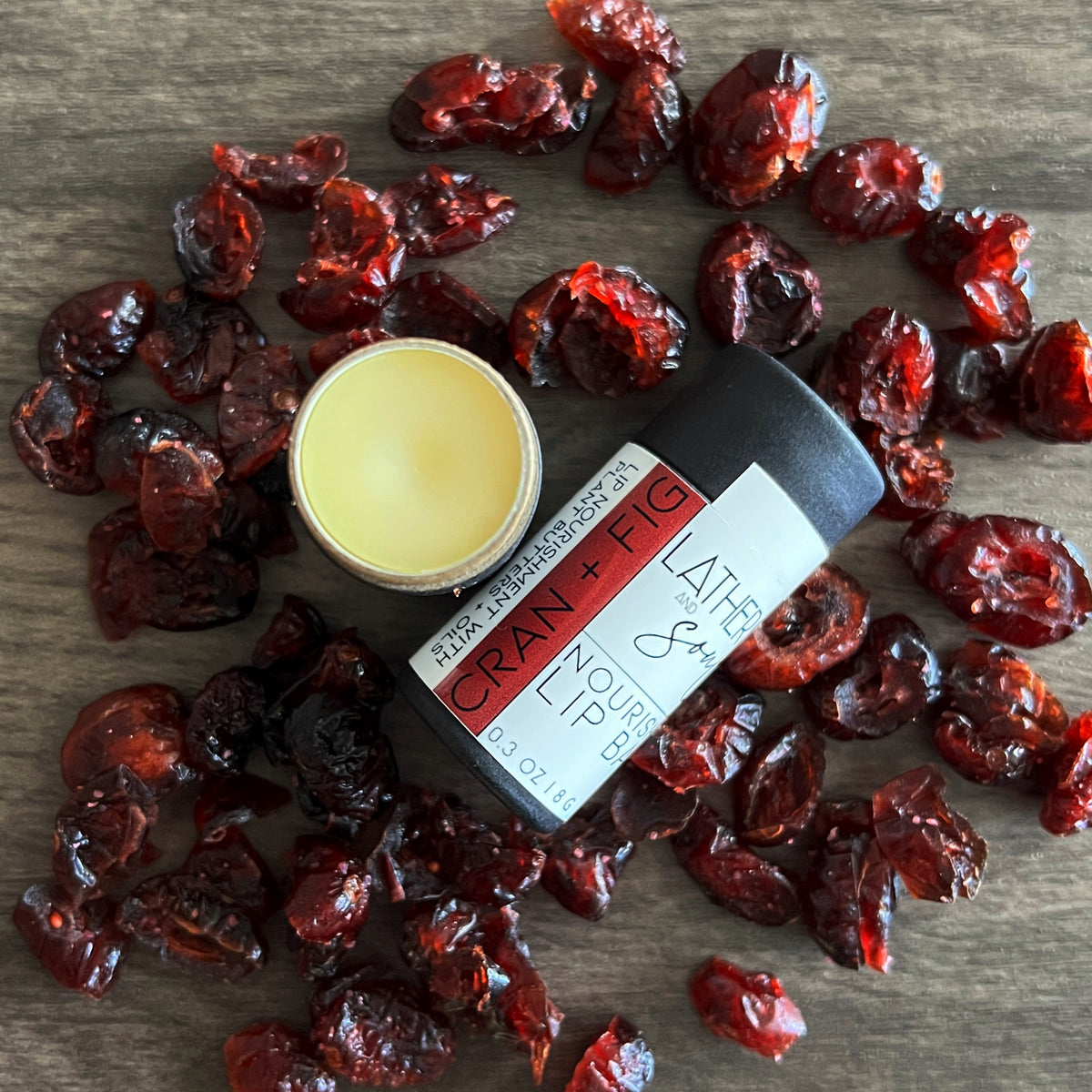 Cran + Fig organic lip balm by Lather and Soul, in an eco friendly paperboard tube