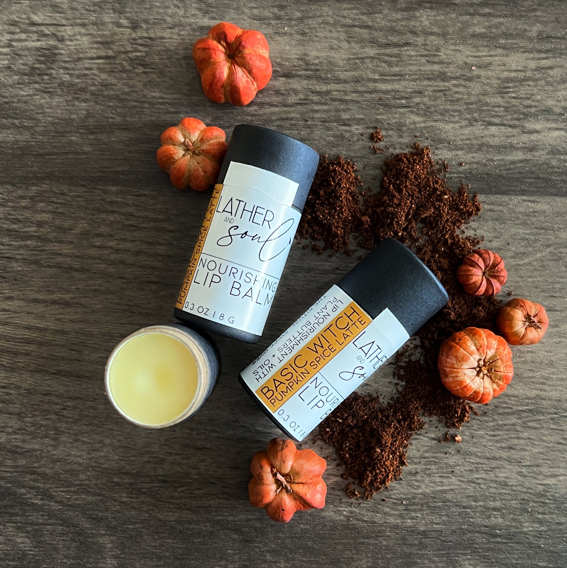 Basic Witch organic lip balm in pumpkin spice latte flavor