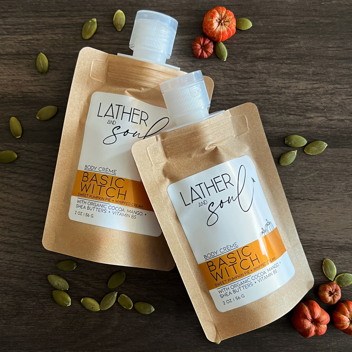 Eco friendly body crème packaging in a delicious sweet pumpkin pie scent.